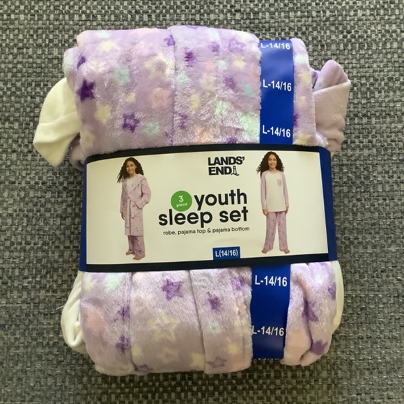 Lands' End Girl's 3 Pc Pajamas Robe Top Bottom Flame Resistant Set Size L 14-16 - Picture 11 of 11